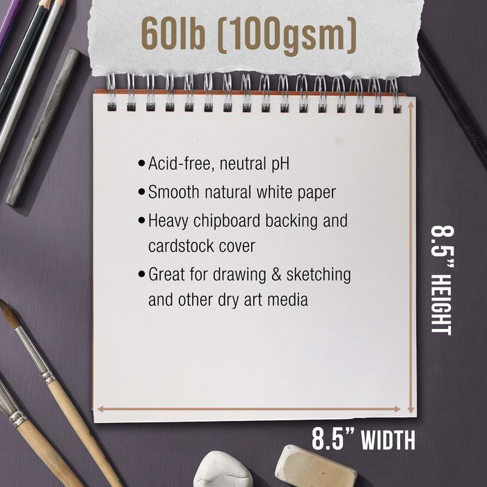 8.5"x8.5" Top Spiral Bound Sketch Book, 2 Pack, 100 Sheets Each, 60lb (100gsm), Acid-Free, Artist Sketchbook, Drawing Pad for Adults & Students