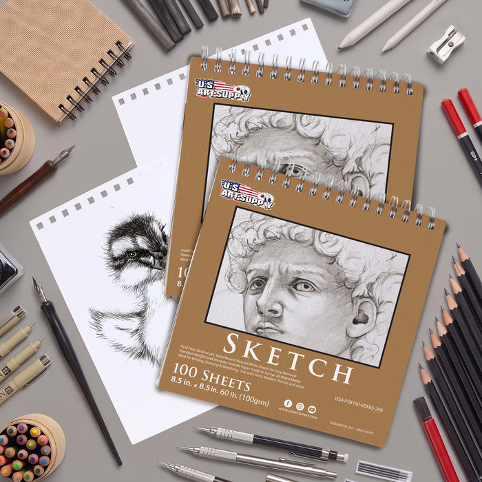 8.5"x8.5" Top Spiral Bound Sketch Book, 2 Pack, 100 Sheets Each, 60lb (100gsm), Acid-Free, Artist Sketchbook, Drawing Pad for Adults & Students
