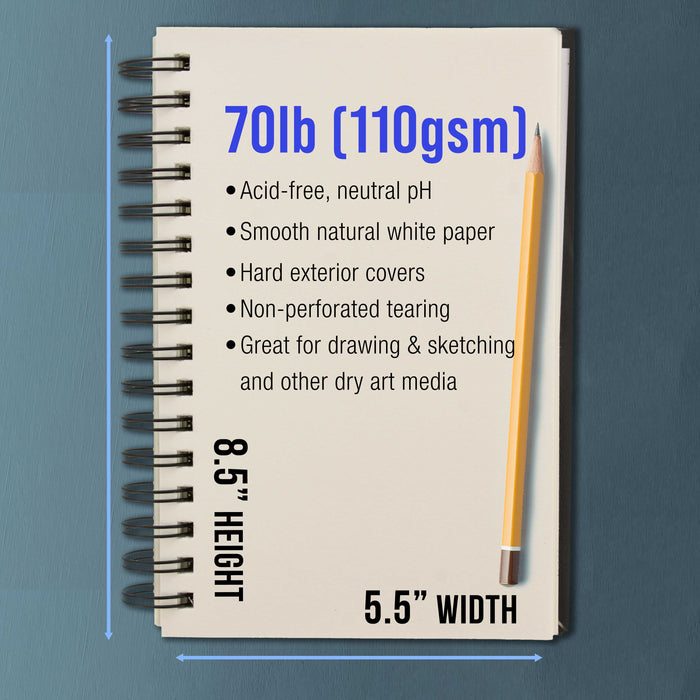 5.5" x 8.5" Premium Hardbound Sketch Book, 2 Pack, 80 Sheets Each, 70 lb (110gsm) - Hardcover Spiral Bound Artist Field, Small Sketch Pad, Acid-Free Drawing Pad - Adults, Students