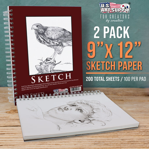 9"x12" Sketch Book Pad, 2 Pack (100 Sheets Each), 60lb (100gsm) Spiral Bound - Sketching, Drawing Pad, Acid-Free Paper - Sketch Pads For Adults, Students: Colored Pencils, Charcoal