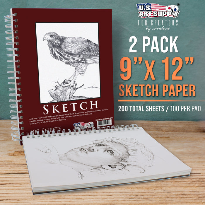 9"x12" Sketch Book Pad, 2 Pack (100 Sheets Each), 60lb (100gsm) Spiral Bound - Sketching, Drawing Pad, Acid-Free Paper - Sketch Pads For Adults, Students: Colored Pencils, Charcoal