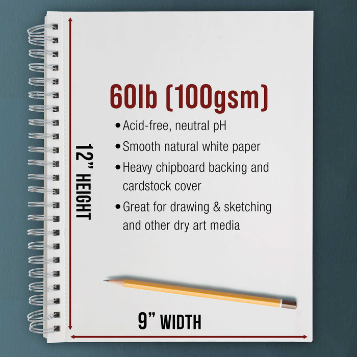 9"x12" Sketch Book Pad, 2 Pack (100 Sheets Each), 60lb (100gsm) Spiral Bound - Sketching, Drawing Pad, Acid-Free Paper - Sketch Pads For Adults, Students: Colored Pencils, Charcoal