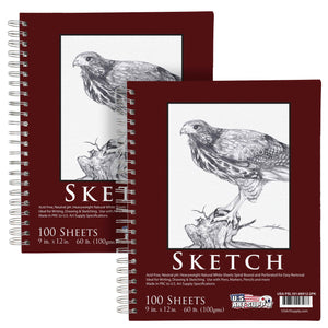 9"x12" Sketch Book Pad, 2 Pack (100 Sheets Each), 60lb (100gsm) Spiral Bound - Sketching, Drawing Pad, Acid-Free Paper - Sketch Pads For Adults, Students: Colored Pencils, Charcoal