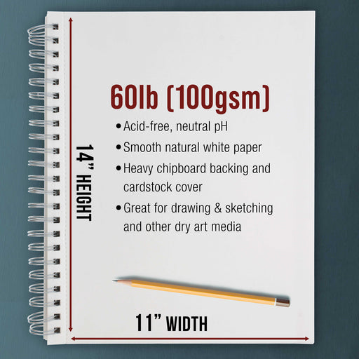11"x14" Sketch Book Pad, 2 Pack (100 Sheets Each), 60lb (100gsm) Spiral Bound - Sketching, Drawing Pad, Acid-Free Paper - Sketch Pads For Adults, Students: Colored Pencils, Charcoal