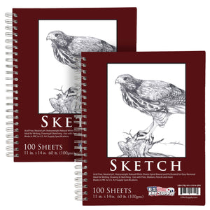 11"x14" Sketch Book Pad, 2 Pack (100 Sheets Each), 60lb (100gsm) Spiral Bound - Sketching, Drawing Pad, Acid-Free Paper - Sketch Pads For Adults, Students: Colored Pencils, Charcoal