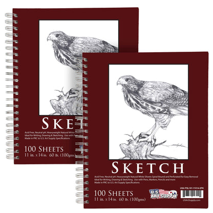 11"x14" Sketch Book Pad, 2 Pack (100 Sheets Each), 60lb (100gsm) Spiral Bound - Sketching, Drawing Pad, Acid-Free Paper - Sketch Pads For Adults, Students: Colored Pencils, Charcoal