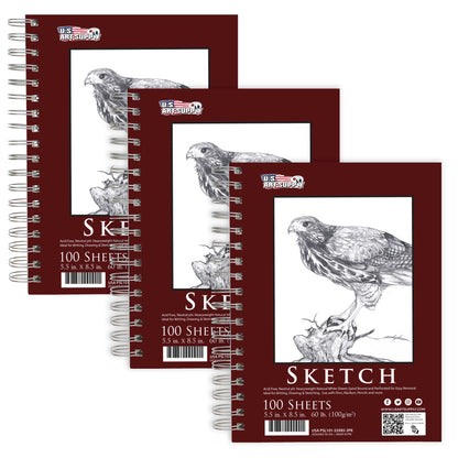 5.5"x8.5" Sketch Book Pad, 3 Pack (100 Sheets Each), 60lb (100gsm) Spiral Bound - Sketching, Drawing Pad, Acid-Free Paper - Sketch Pads For Adults, Students: Colored Pencils, Charcoal