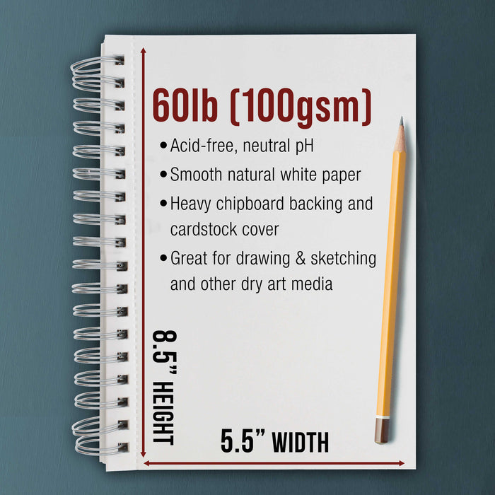 5.5"x8.5" Sketch Book Pad, 3 Pack (100 Sheets Each), 60lb (100gsm) Spiral Bound - Sketching, Drawing Pad, Acid-Free Paper - Sketch Pads For Adults, Students: Colored Pencils, Charcoal