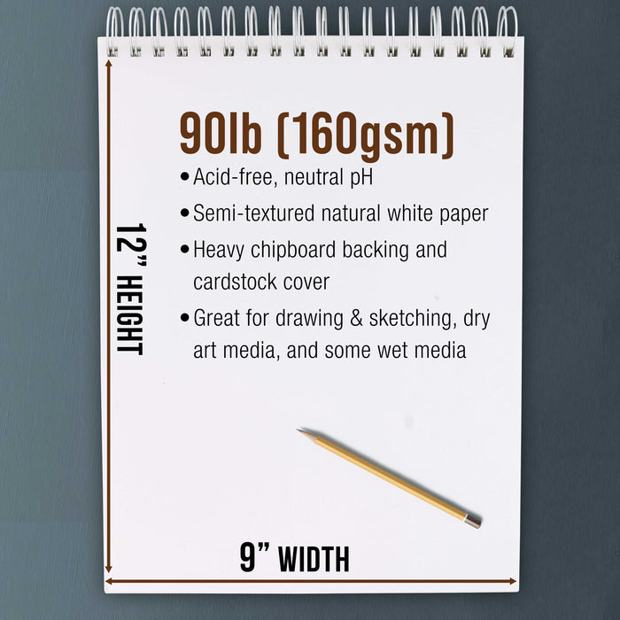 9"x12" Premium Heavy-Weight Paper Spiral Bound Sketch Book: 90 Pound (160gsm), 30-Sheet Drawing Pad (2 Pack)
