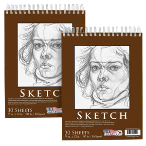 9"x12" Premium Heavy-Weight Paper Spiral Bound Sketch Book: 90 Pound (160gsm), 30-Sheet Drawing Pad (2 Pack)
