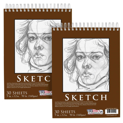 9"x12" Premium Heavy-Weight Paper Spiral Bound Sketch Book: 90 Pound (160gsm), 30-Sheet Drawing Pad (2 Pack)