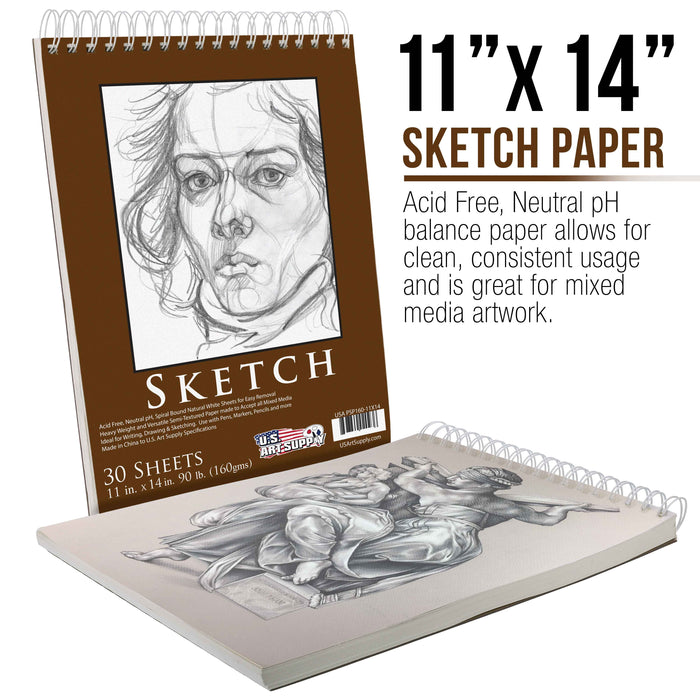11" x 14" Premium Heavy-Weight Paper Spiral Bound Sketch Pad, 90 Pound (160gsm), Pad of 30-Sheets (Pack of 2 Pads)