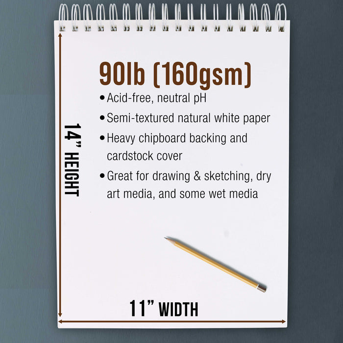 11"x14" Premium Heavy-Weight Paper Spiral Bound Sketch Book: 90 Pound (160gsm), 30-Sheet Drawing Pad (2 Pack)