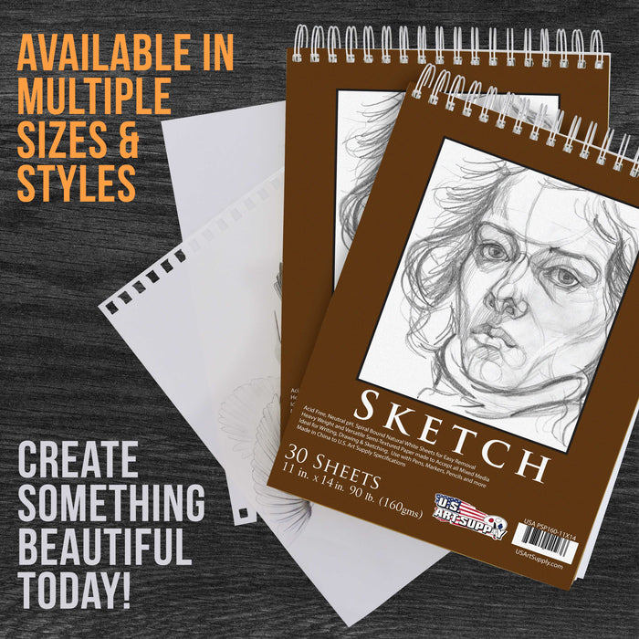 11"x14" Premium Heavy-Weight Paper Spiral Bound Sketch Book: 90 Pound (160gsm), 30-Sheet Drawing Pad (2 Pack)