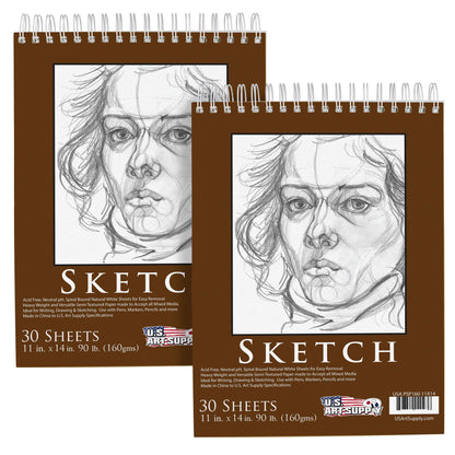 11"x14" Premium Heavy-Weight Paper Spiral Bound Sketch Book: 90 Pound (160gsm), 30-Sheet Drawing Pad (2 Pack)