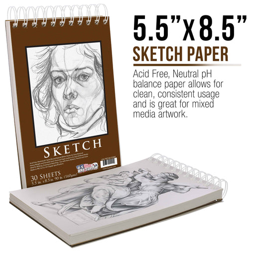 5.5" x 8.5" Premium Heavy-Weight Paper Spiral Bound Sketch Pad, 90 Pound (160gsm), Pad of 30-Sheets (Pack of 2 Pads)