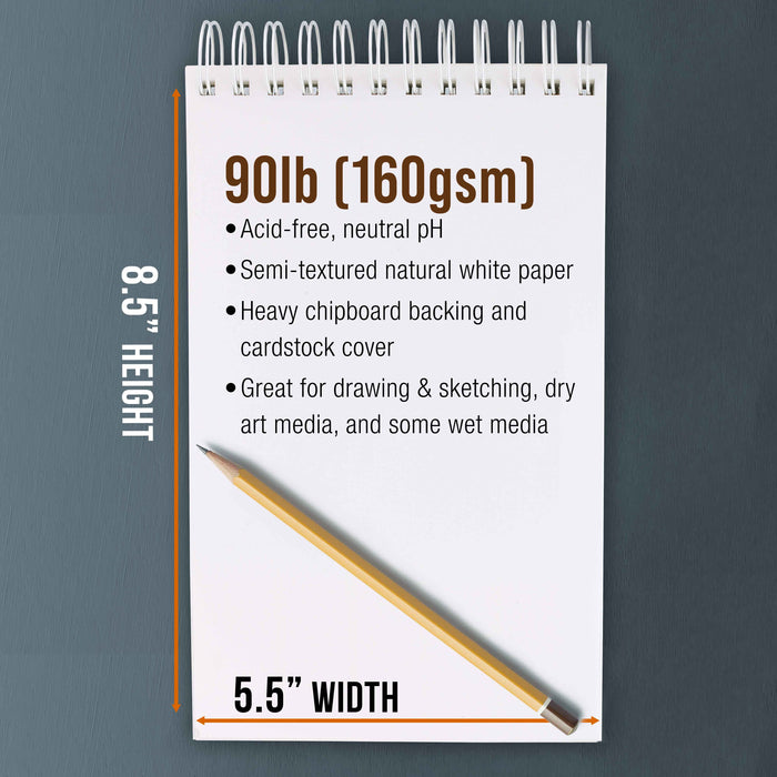 5.5"x8.5" Premium Heavy-Weight Paper Spiral Bound Sketch Book: 90 Pound (160gsm), 30-Sheet Drawing Pad (2 Pack)