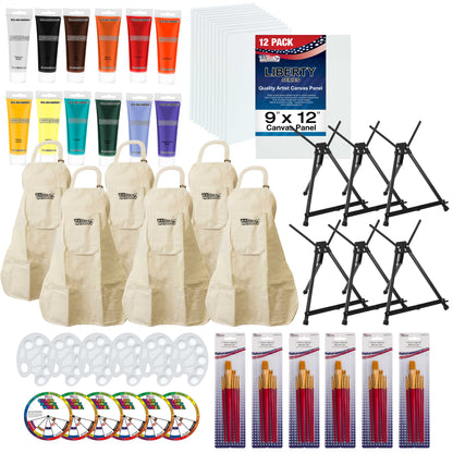 6-Person Wine Sip and Kids Art Painting Party Kit - 6 Easels, 12 Color Acrylic Paint Set, 12 Canvas Panels, Brush Sets Palettes Aprons