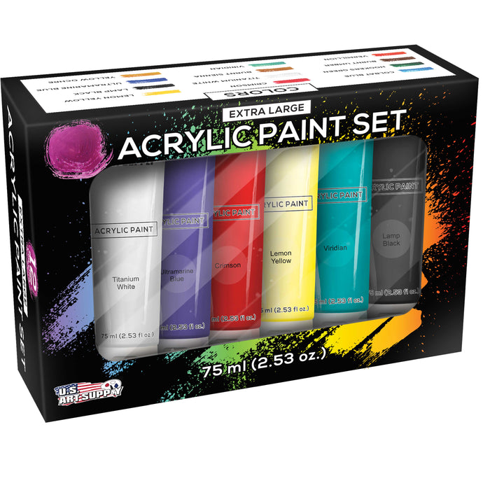 U.S. Art Supply Professional 12 Color Set of Acrylic Paint in Extra-Large 75ml Tubes - Rich Vivid Colors, Artist Painting, Students, Beginners, Adults