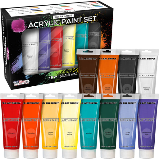 U.S. Art Supply Professional 12 Color Set of Acrylic Paint in Extra-Large 75ml Tubes - Rich Vivid Colors, Artist Painting, Students, Beginners, Adults