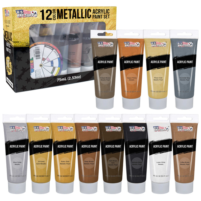 U.S. Art Supply Professional 12 Color Set of Metallic Acrylic Paint, Large 75ml Tubes - Rich Vivid Pearl Colors for Artists, Students, Beginners - Can