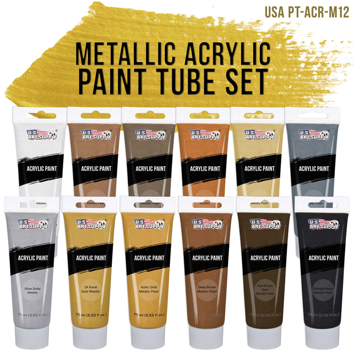 Professional 12 Color Set of Metallic Acrylic Paint, Large 75ml Tubes - Rich Vivid Pearl Colors for Artists, Students - Canvas, Paintings, Wood, Rocks