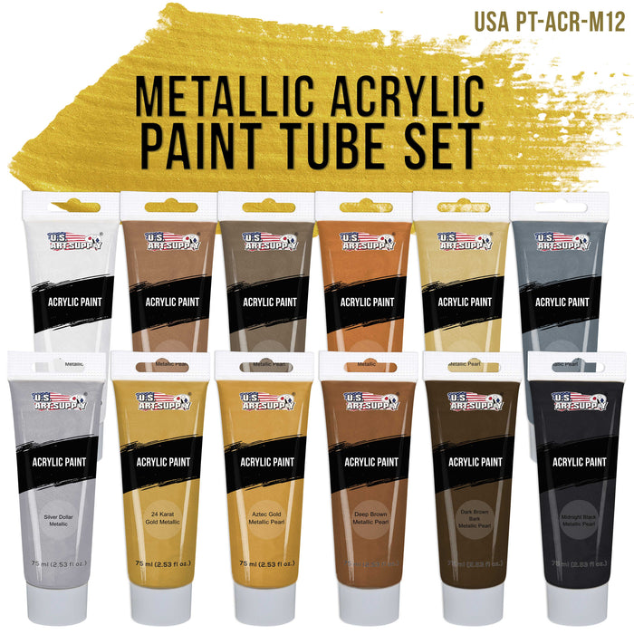 U.S. Art Supply 12-Color Metallic Acrylic Paint Set - 75ml Tubes - Acrylic Paint for Canvas Painting, Wood Crafts & Rock Painting