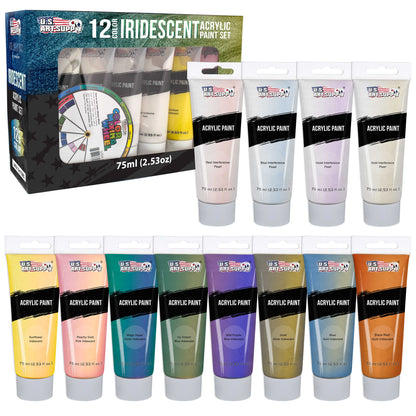 12-Color Iridescent Acrylic Paint Set Large 75ml Tubes - Luminescent, Chameleon, Color-Shifting Pearl Colors, Crafting Paints - Iridescent Paint Acrylics for Canvas, Wood, Rock, Paper