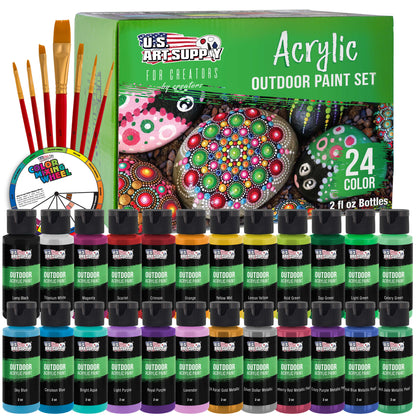 Professional 24 Color Outdoor Acrylic Paint Set, 2oz Bottles, with 7 Brush Kit - Vivid Colors for Painting Canvas, Rocks, Wood Crafts, Toys
