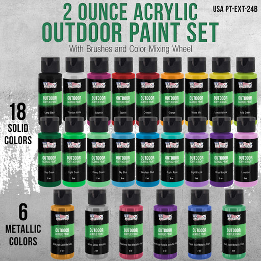 24 Color Outdoor Acrylic Paint Set - 2 fl. Oz. Flip Top Bottles Water Based Quick Drying