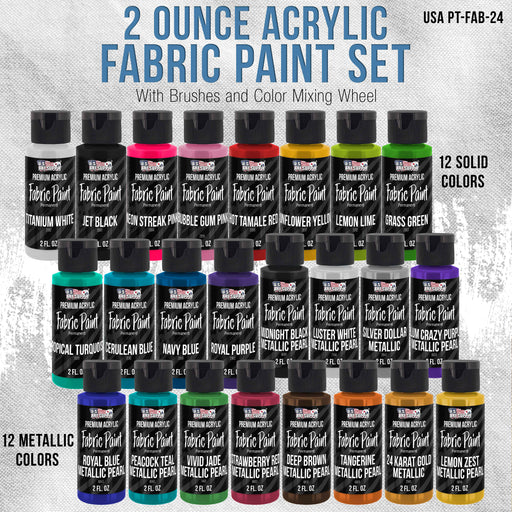 24 Color Set of Permanent Acrylic Fabric Paint in 2 Ounce Bottles, Plus 7 Brushes - Artists Textile for Clothes, Denim, Canvas, Jeans, T-Shirts, Shoes
