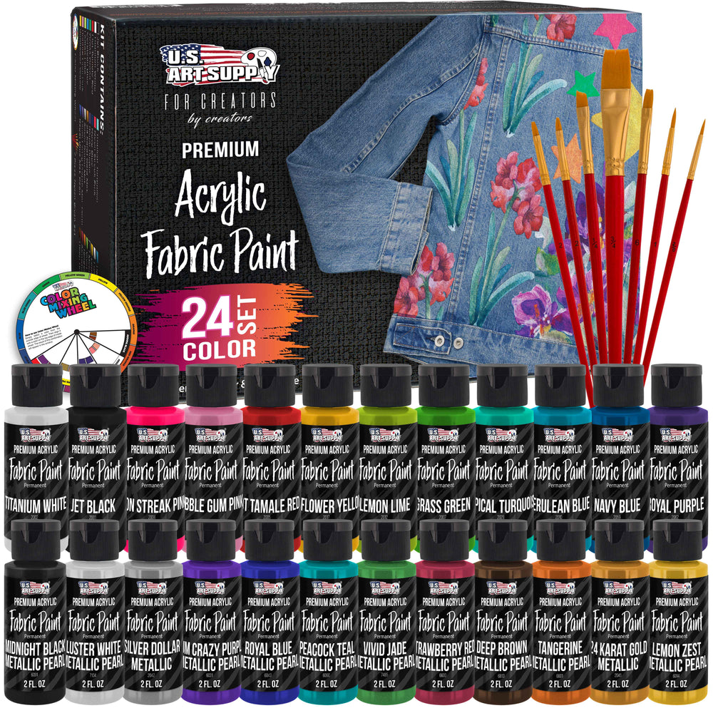 24 Color Set of Permanent Acrylic Fabric Paint in 2 Ounce Bottles, Plus 7 Brushes - Artists Textile for Clothes, Denim, Canvas, Jeans, T-Shirts, Shoes