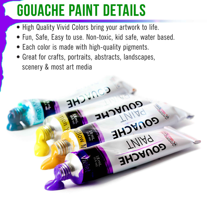 Professional 36 Color Set of Gouache Paint in Large 18ml Tubes - Bonus Color Mixing Wheel