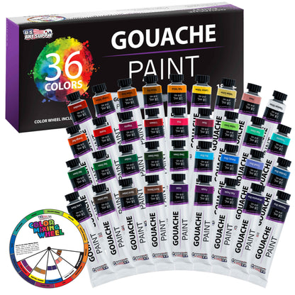 Professional 36-Color Gouache Paint Set in Large 18ml Tubes & Color Mixing Wheel - Gouache Paint Tubes for Artists, Students, Beginners
