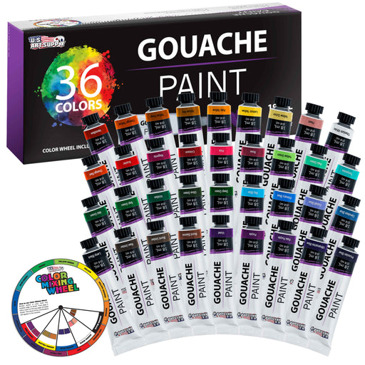 Professional 36 Color Set of Gouache Paint in Large 18ml Tubes - Bonus Color Mixing Wheel