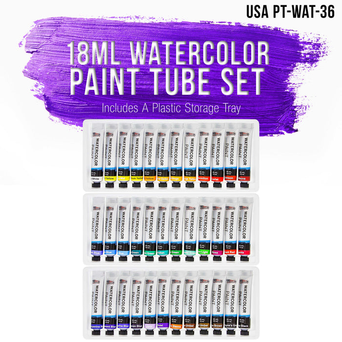 Professional 36 Color Set of Watercolor Paint in Large 18ml Tubes - Vivid Colors Kit for Artists, Students, Beginners - Canvas Portrait Paintings