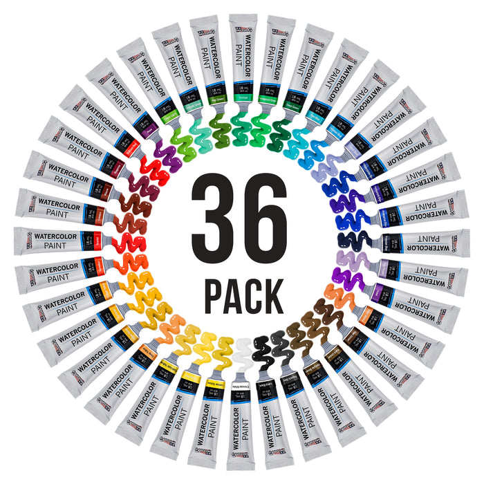 Professional 36 Color Set of Watercolor Paint in Large 18ml Tubes - Vivid Colors Kit for Artists, Students, Beginners - Canvas Portrait Paintings