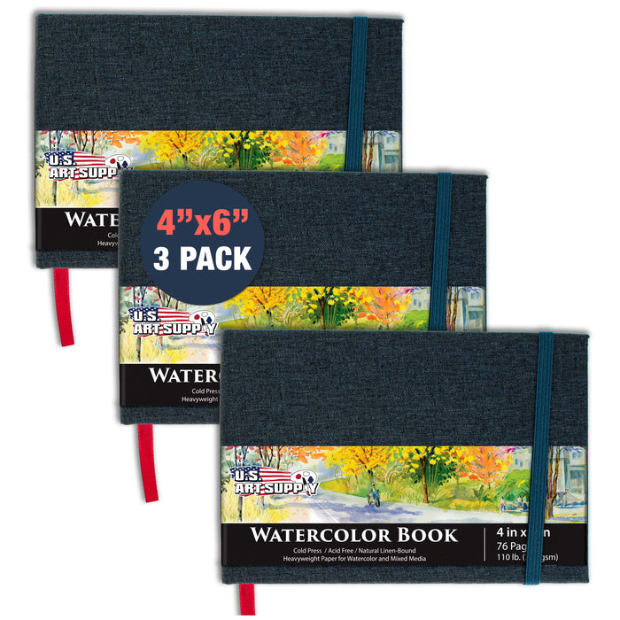 4 x 6" Watercolor Book (3 Pack, 76 Sheets Each) - 110lb (230 GSM) Linen-Bound Hardcover Artist Paper Pads - Acid-Free Cold-Pressed Watercolor Paper Pad Mixed Media
