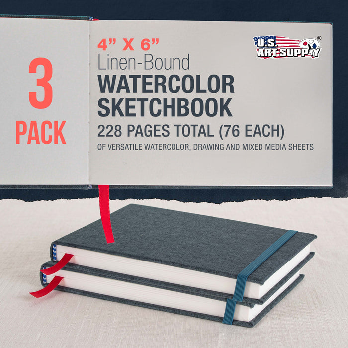 4 x 6" Watercolor Book (3 Pack, 76 Sheets Each) - 110lb (230 GSM) Linen-Bound Hardcover Artist Paper Pads - Acid-Free Cold-Pressed Watercolor Paper Pad Mixed Media