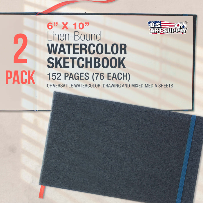 6 x 10" Watercolor Book (2 Pack, 76 Sheets Each) - 110lb (230 GSM) Linen-Bound Hardcover Artist Paper Pads - Acid-Free Cold-Pressed Watercolor Paper Pad Mixed Media