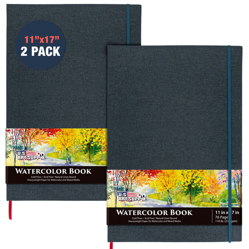 11 x 17" Watercolor Book (2 Pack, 76 Sheets Each) - 110lb (230 GSM) Linen-Bound Hardcover Artist Paper Pads - Acid-Free Cold-Pressed Watercolor Paper Pad Mixed Media