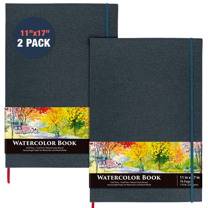 11 x 17" Watercolor Book (2 Pack, 76 Sheets Each) - 110lb (230 GSM) Linen-Bound Hardcover Artist Paper Pads - Acid-Free Cold-Pressed Watercolor Paper Pad Mixed Media