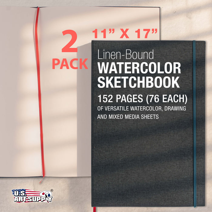 11 x 17" Watercolor Book (2 Pack, 76 Sheets Each) - 110lb (230 GSM) Linen-Bound Hardcover Artist Paper Pads - Acid-Free Cold-Pressed Watercolor Paper Pad Mixed Media