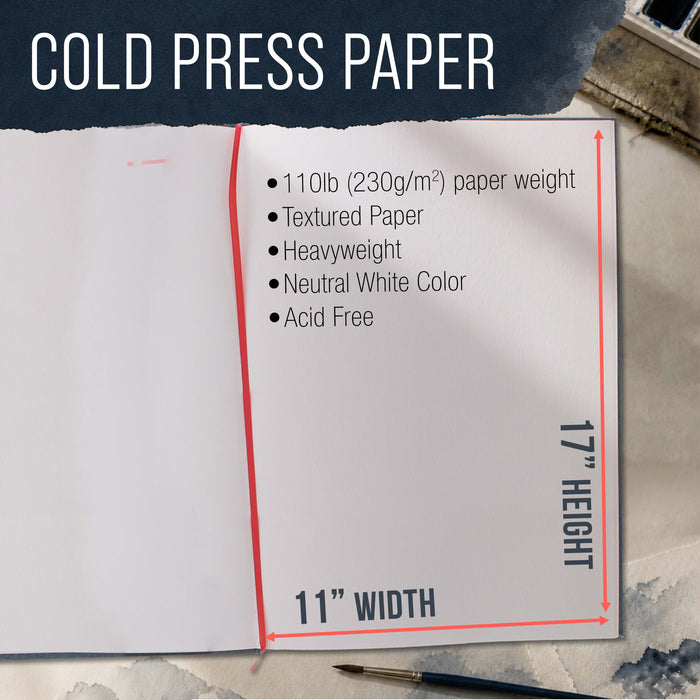 11 x 17" Watercolor Book (2 Pack, 76 Sheets Each) - 110lb (230 GSM) Linen-Bound Hardcover Artist Paper Pads - Acid-Free Cold-Pressed Watercolor Paper Pad Mixed Media