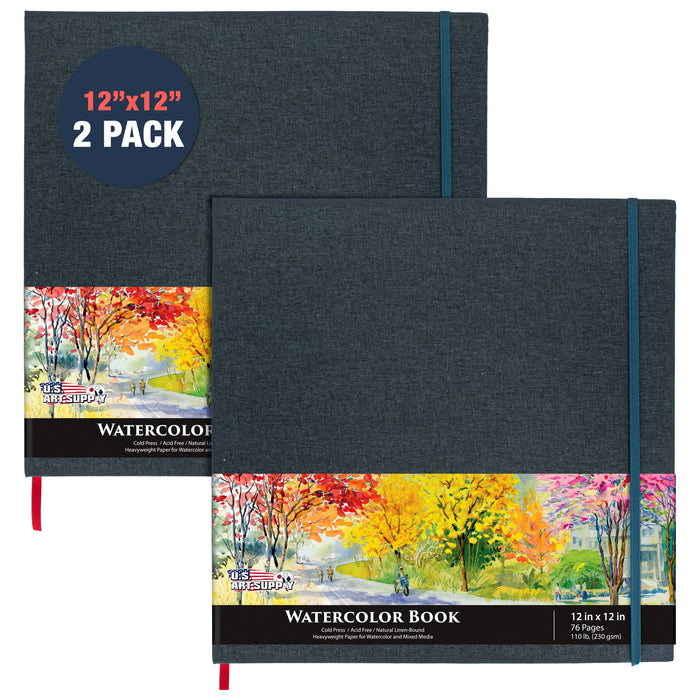 12 x 12" Watercolor Book (2 Pack, 76 Sheets Each) - 110lb (230 GSM) Linen-Bound Hardcover Artist Paper Pads - Acid-Free Cold-Pressed Watercolor Paper Pad Mixed Media
