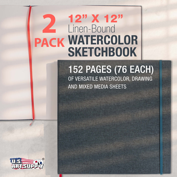 12 x 12" Watercolor Book (2 Pack, 76 Sheets Each) - 110lb (230 GSM) Linen-Bound Hardcover Artist Paper Pads - Acid-Free Cold-Pressed Watercolor Paper Pad Mixed Media