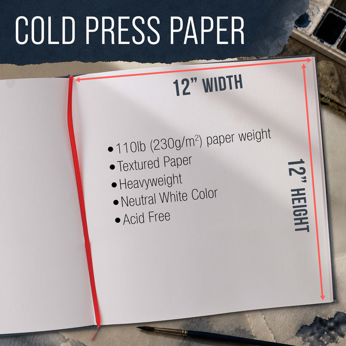 12 x 12" Watercolor Book (2 Pack, 76 Sheets Each) - 110lb (230 GSM) Linen-Bound Hardcover Artist Paper Pads - Acid-Free Cold-Pressed Watercolor Paper Pad Mixed Media