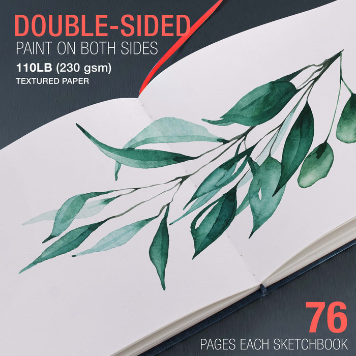 12 x 12" Watercolor Book (2 Pack, 76 Sheets Each) - 110lb (230 GSM) Linen-Bound Hardcover Artist Paper Pads - Acid-Free Cold-Pressed Watercolor Paper Pad Mixed Media