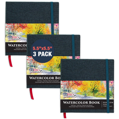 5.5 x 5.5" Watercolor Book (2 Pack, 76 Sheets Each) - 110lb (230 GSM) Linen-Bound Hardcover Artist Paper Pads - Acid-Free Cold-Pressed Watercolor Paper Pad Mixed Media