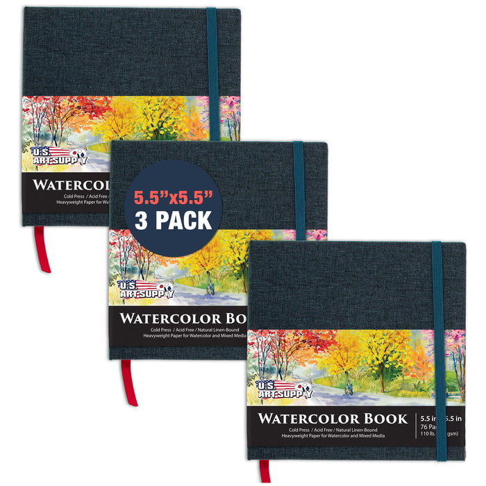 5.5 x 5.5" Watercolor Book (2 Pack, 76 Sheets Each) - 110lb (230 GSM) Linen-Bound Hardcover Artist Paper Pads - Acid-Free Cold-Pressed Watercolor Paper Pad Mixed Media